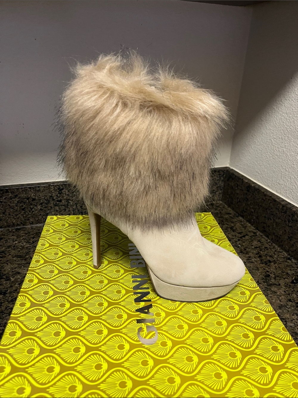 Gianni Bini Cream Suede Platform Ankle Boot with Faux-Fur Cuff